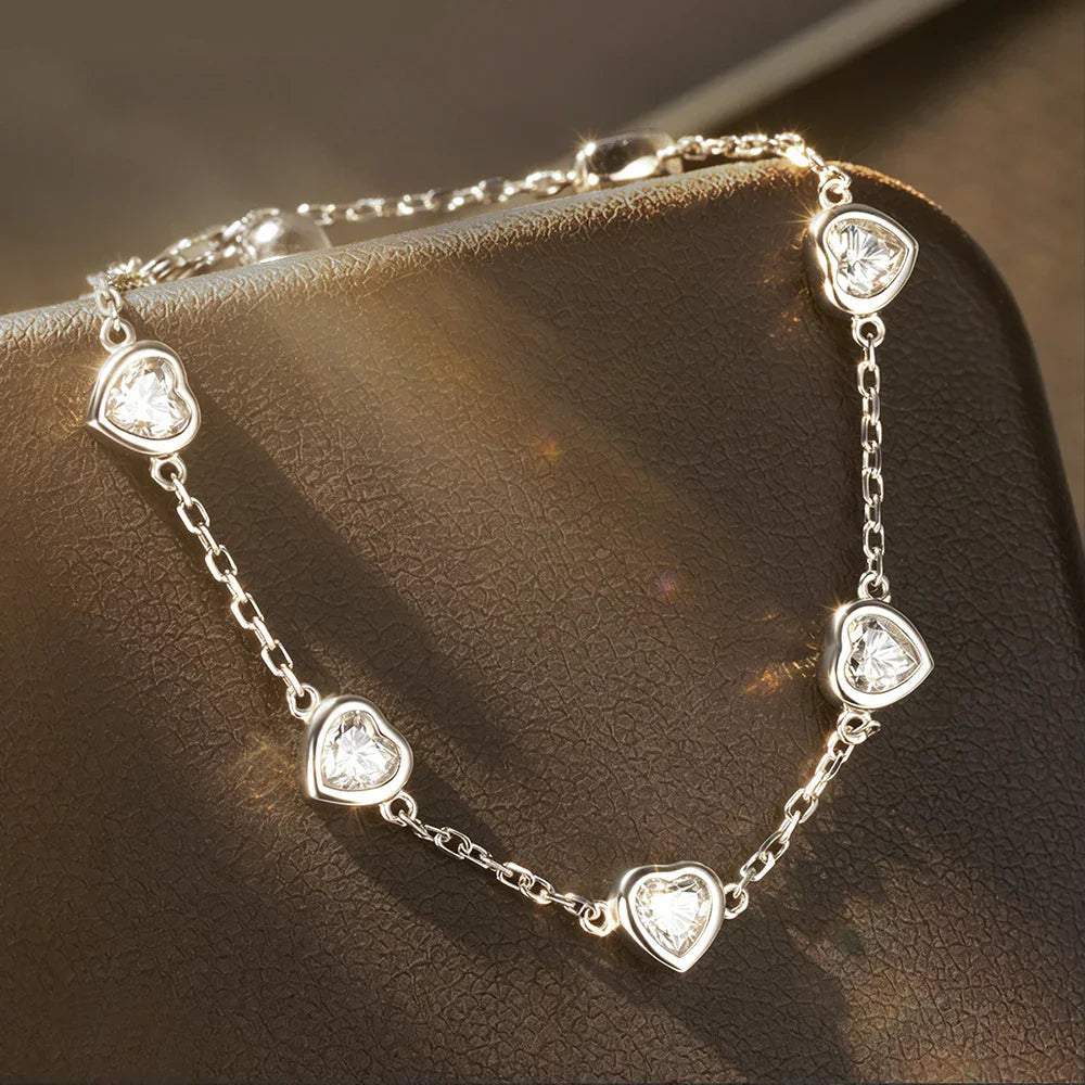 Certified 4mm Bezel Set Heart Cut Moissanite Diamond Bracelets for Women 100% S925 Silver Charm Bracelet Wrist Chain Adjustable