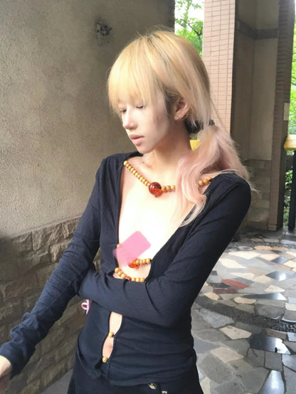 Japanese Y2k Hollow Out Tops Vintage Harajuku Beaded T Shirt 2000s Aesthetics Long Sleeve Slim T-shirts American Retro