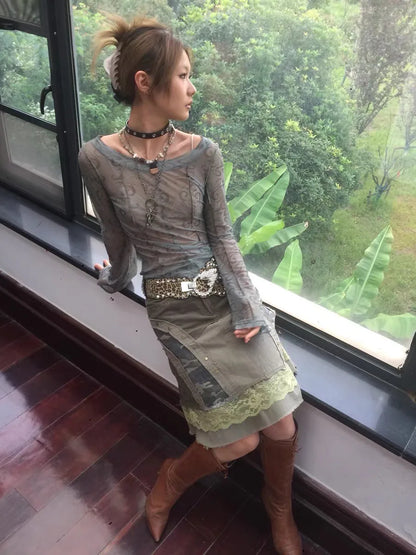 Grunge Aesthetics Mesh Tops Japanese Y2k Sheer Tops Vintage Harajuku See Through Crop Top Korean Fashion Tie Dye T-shirt
