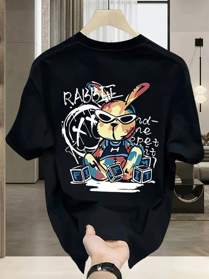 Men's summer 100% pure cotton fashionable casual loose black rabbit cartoon pattern printed round neck short sleeved T-shirt top