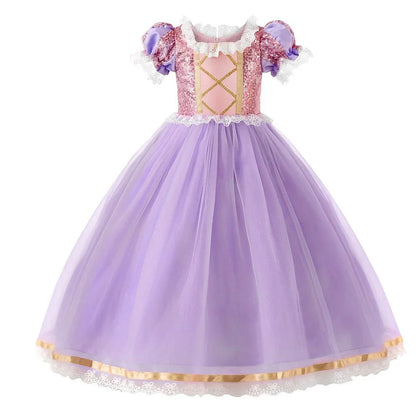 Short Sleeve Purple Puffy Dress + Accessories Girls Cosplay Rapunzel Summer Casual Dress Birthday Party Gift