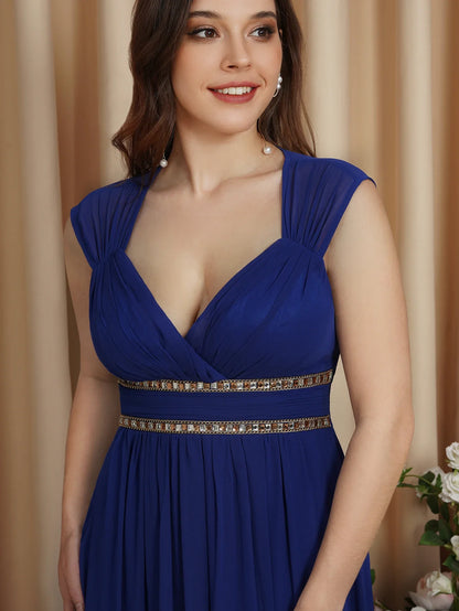2024 Royal Blue Chiffon Bridesmaid Dress Evening Dress V-Neck Crystal Beaded Backless Wedding Dress Shipping Wthin 24 Hours