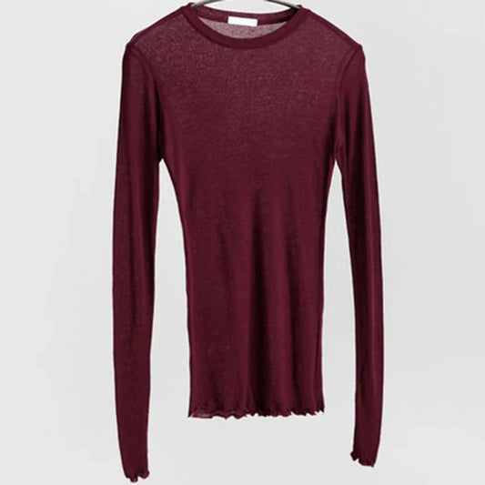 Plain T Shirt Women Cotton Elastic Basic T-shirts Female Casual Tops Long Sleeve Sexy Thin T-shirt see through