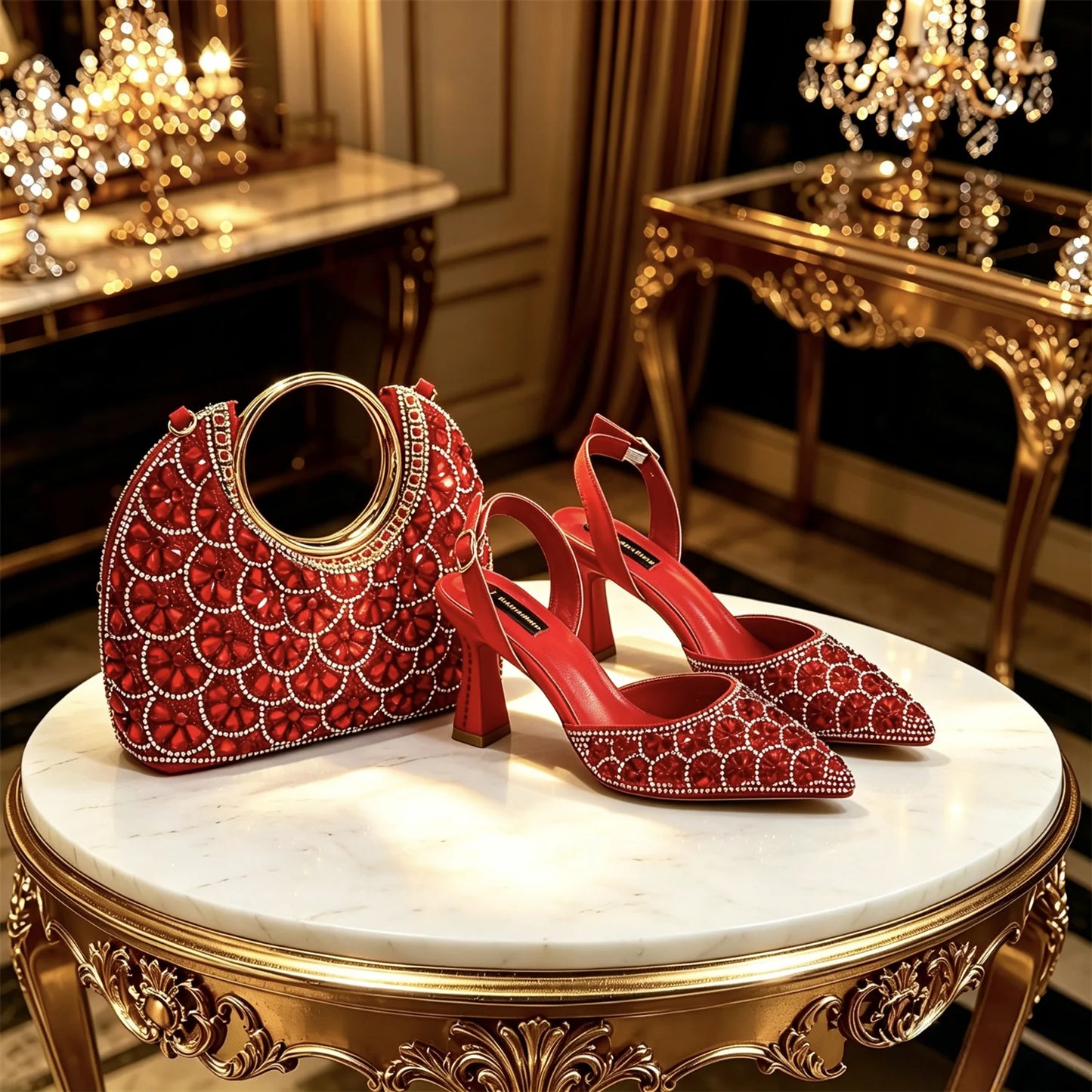 2026 New Arrival Italian-Inspired Peach Rhinestone Pointed Toe Women’s High Heels with Matching Handbag Set – Elegant Wedding
