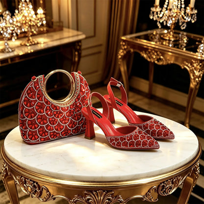 2026 INS Italian Design Elegant Fuchsia Rhinestone Pointed Toe High Heels with Matching Handbag Set - Perfect for Weddings