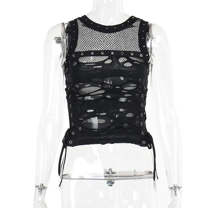 Gothic Crop Tops Punk Tanks Trendy Camisole T-Shirt Women Sexy Fishnet Backless Steampunk Vest Clubwear for Rave Party