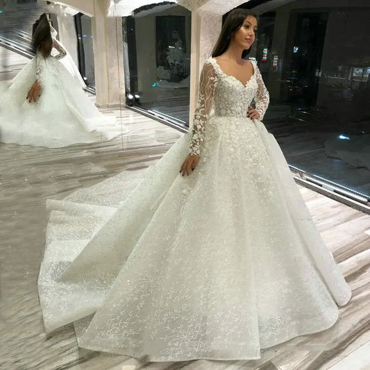 Customized Lace Wedding Dresses Long Sleeves robe de mariage Beaded Appliqued Ball Gown Bridal Dresse Vestidos De Novia