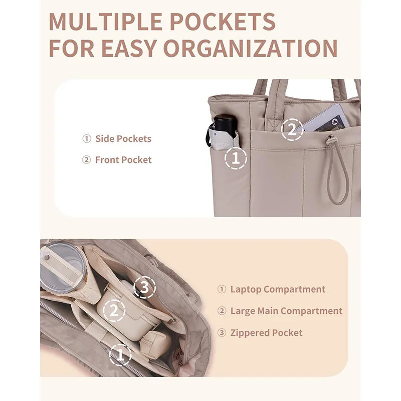 Ladies Lightweight Portable Tote Bag Quilted Travel Bag Casual Shoulder Bag in Black Khaki Colors small tote bags for women