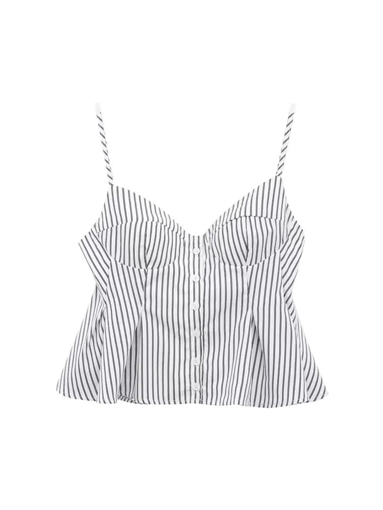 Women's Fashion Pleated Poplin Tank Top V-Neck Adjustable Spaghetti Straps Button-Up Camisole Female Sexy Fashion Clothing