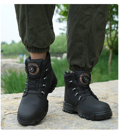 High Top Work Shoes Men Rotary Button Slip Resistant Safety Shoes Water Resistant Work Sneakers Anti-Puncture Anti-smash Shoes