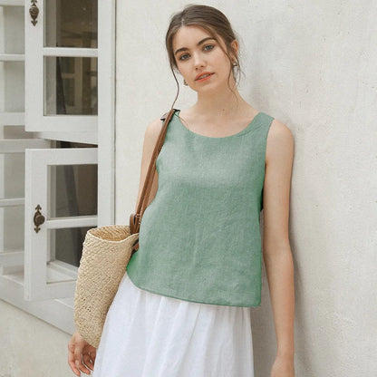 100% Linen Top Women Casual Solid Back Cross Patchwork Tank Top Summer Tops Haut Femme Women'S Clothing Offer Free Shipping