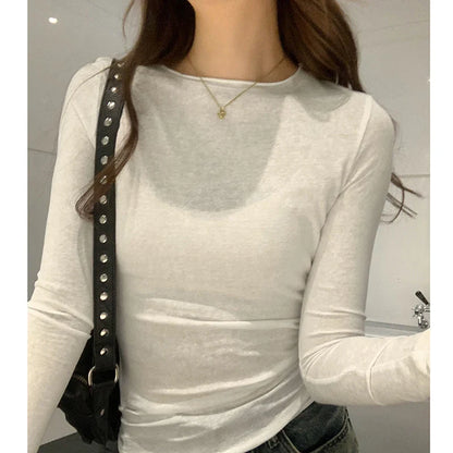 2026 Spring Autumn T shirt Women Tops Solid Slim Fit Long Sleeve O Neck Tshirts Female Casual Streetwear High Quality Base Tees