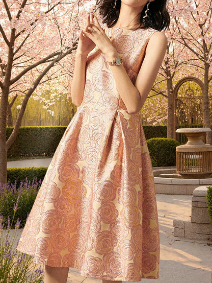 Elegant Women Sleeveless Summer Jacquard Boho Floral Vintage Ladies Party Clothes New A-Line Midi Dress Ladies Gowns
