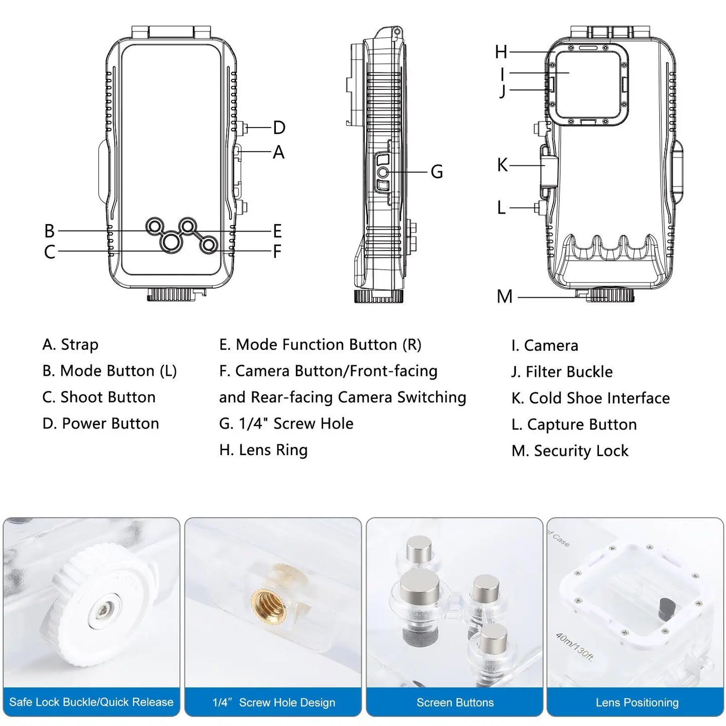 40m/130ft Waterproof Diving Case for iPhone 16 15 14 13 12 11 Pro Max Plus Photo Video Taking Underwater Housing Cover