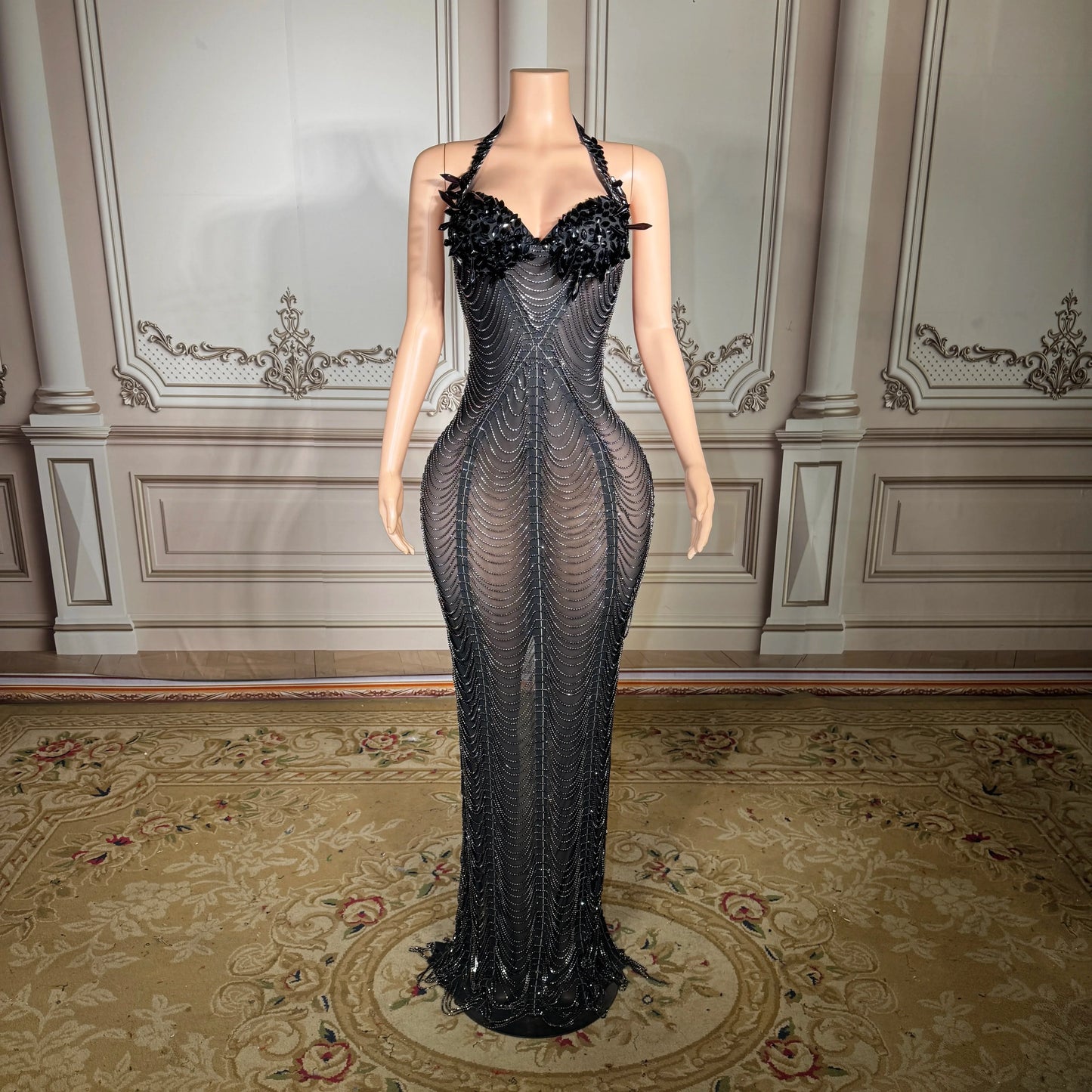Silver Rhinestone Crystals Chains Transparent Long Dress Evening Birthday Celebrate Dress Sexy Performance plus size