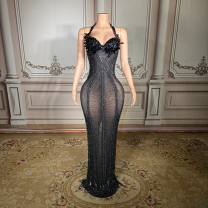 Silver Rhinestone Crystals Chains Transparent Long Dress Evening Birthday Celebrate Dress Sexy Performance plus size