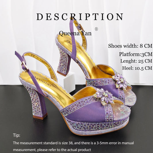 INS New Arrival Colorful Crystral Decoration Design Elegant Mature Party Wedding Peep Toe Ladies High Heels and Bag Set