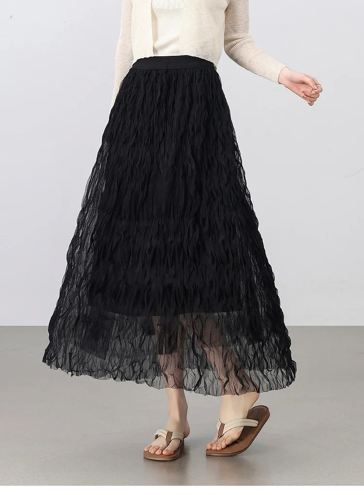 Sweet Style Mesh Skirt Women 2026 A-line Holiday Vacation High Waist Ruffles Long Skirt Woman Clothing W52Q80351