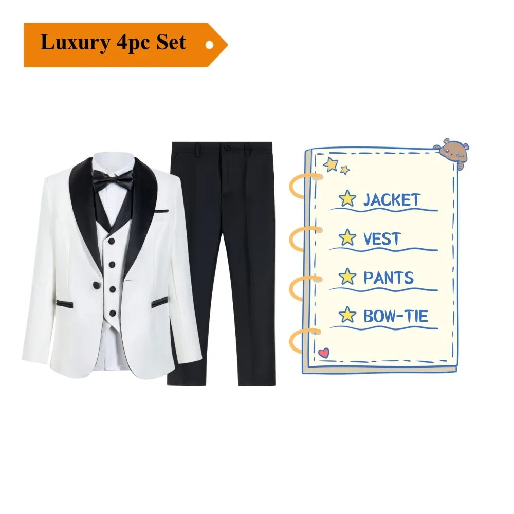 Regular Fit Boy's Formal Suit Set, 4 Pieces Smart Suits For Kid From 3 To 14 Years Shawl Neck Wedding Guest Outfit For Children