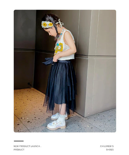 Toddler Girls Elegant Glossy Mesh Mary Jane Flats Flower Buckle Strap Heart Pattern Chunky Sole Comfortable Party School Shoes