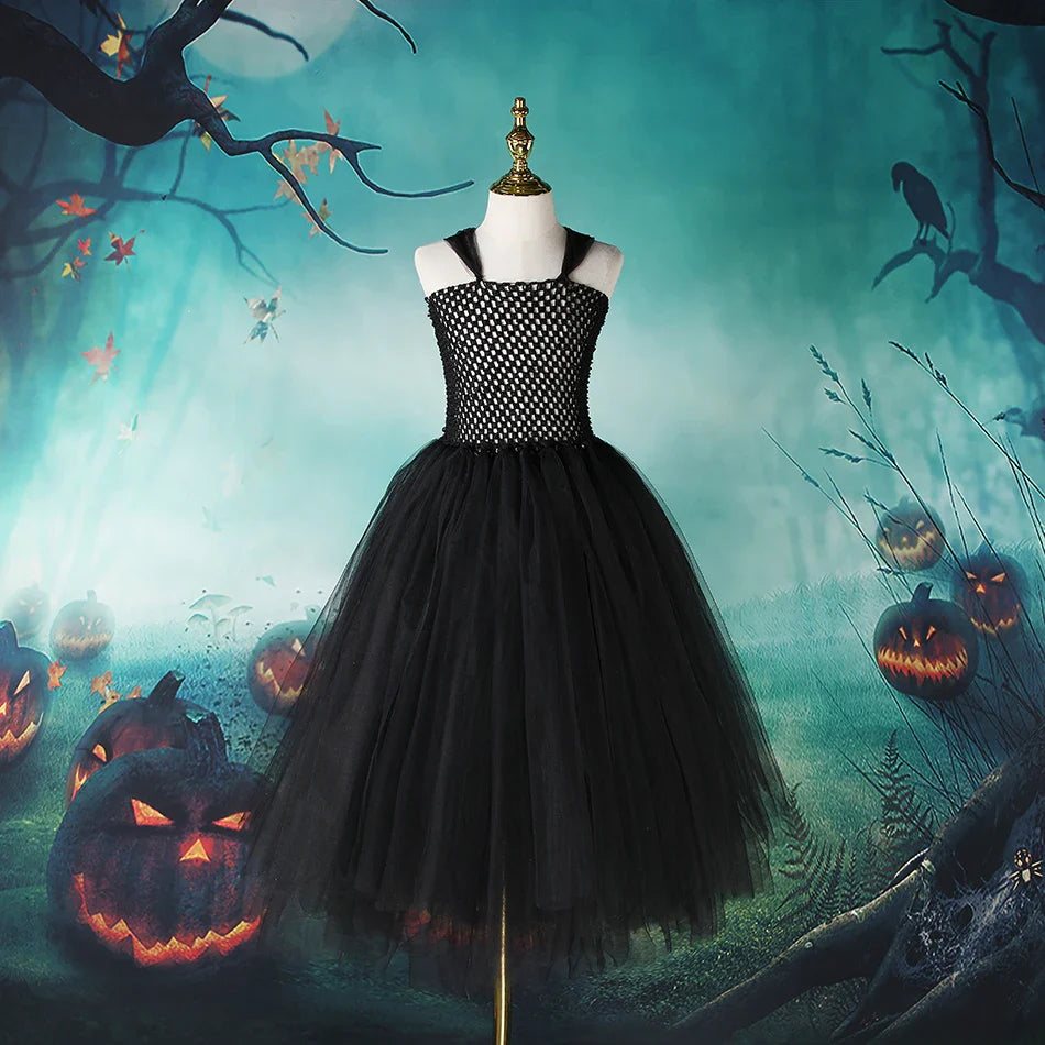 Halloween Maleficent Costume for Girls Evil Queen Dress Up Costumes Witch Devil Black Mesh Princess Dress Cosplay