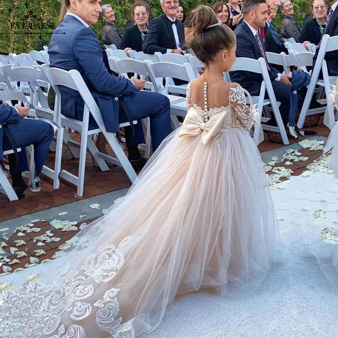 Children's First Communion Ball Gown Wedding Party Bridesmaid Dress Kids 3-9 Years Lace Tulle Flower Girl Dress Up Buttons Bows