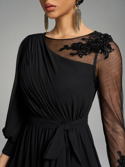 round Neck Asymmetrical Lantern Sleeve Luxury Bead Splicing Belted Waist Black Elegance Evening Dress Evening Gown