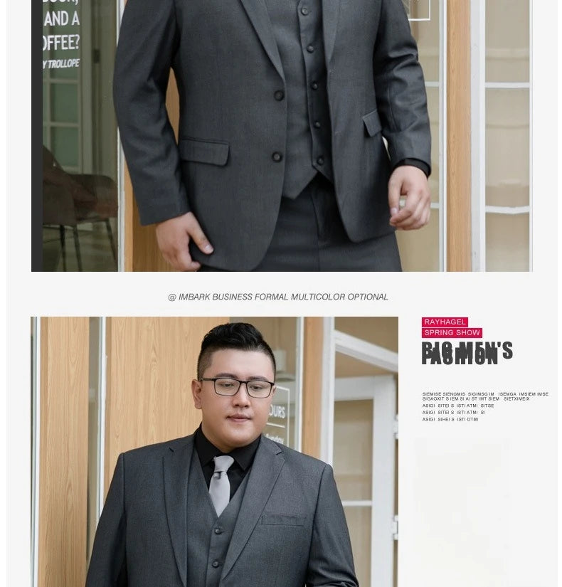 Plus Size Man Suit Set Solid Color Single Breasted Jacket Vest Pants For Host Groom Groomsmen Grey Black Navy 3-Piece Suit Set