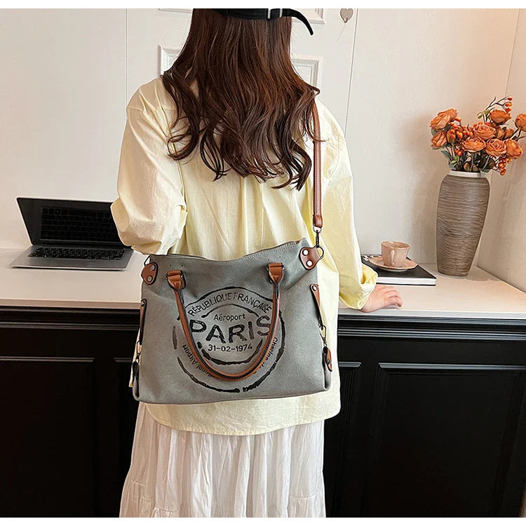 Portable Canvas New Trend Fashion Women's Bag Letter Large Capacity Tote Bag Leisure Commuting Single Shoulder Diagonal Span