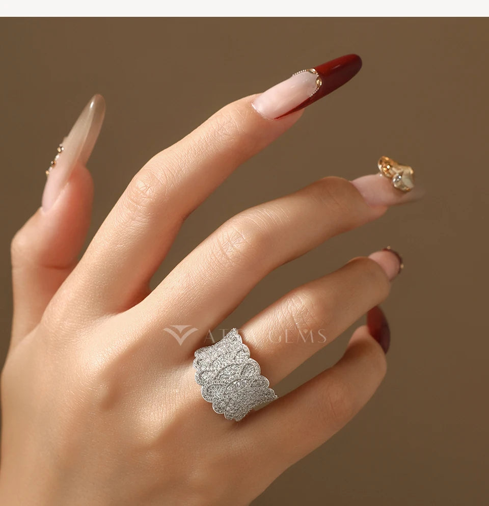 Luxury Paved Moissanite Rings forWomen 925 Sterling Silver Wavy Statement Engagement Ring Bridal Cocktail Party Jewelry