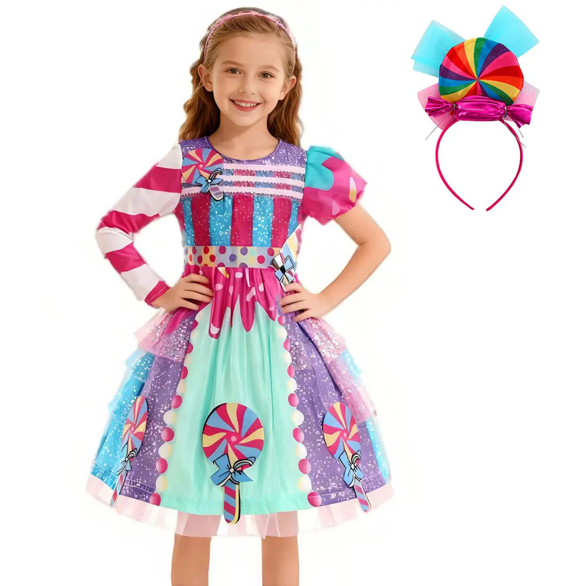 Presente Clássico para Festa de Carnaval de Purim para Meninas Vestido Arco-Íris Assimétrico Longo e Curto com Manga Doce Conjunto de Vestidos Fofos para Férias de Natal