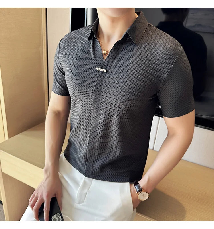 High-Grade Ice Silk Seamless Adhesive Polo Shirt, High-Elastic V-neck Thin Waffle Short-Sleeved Golf Shirt, T-shirt