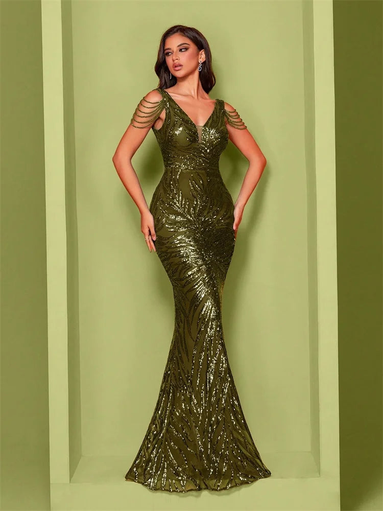 Elegant V-Neck Beading Green Sequin Evening Dress Long New Luxury Women Formal Mermaid Party Prom Cocktail Gowns