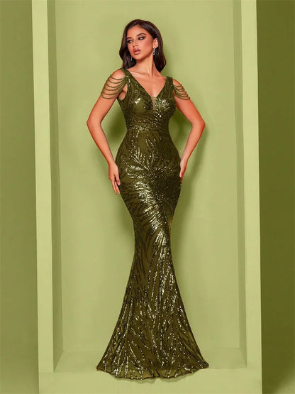 Elegant V-Neck Beading Green Sequin Evening Dress Long New Luxury Women Formal Mermaid Party Prom Cocktail Gowns