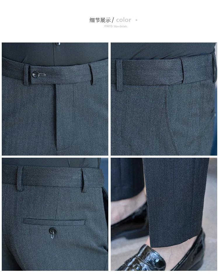 Men's Wool Blend Dress Pants, Elastic Waist Business Trousers, Tapered Slim Fit, Charcoal Gray Black Navy