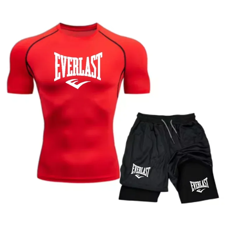 Men's Compress Shirt + 2-in-1 sports shorts 2pcs Set Leisure Breath Short Sleeve Sport Jogging Gym Brand Print Clothing