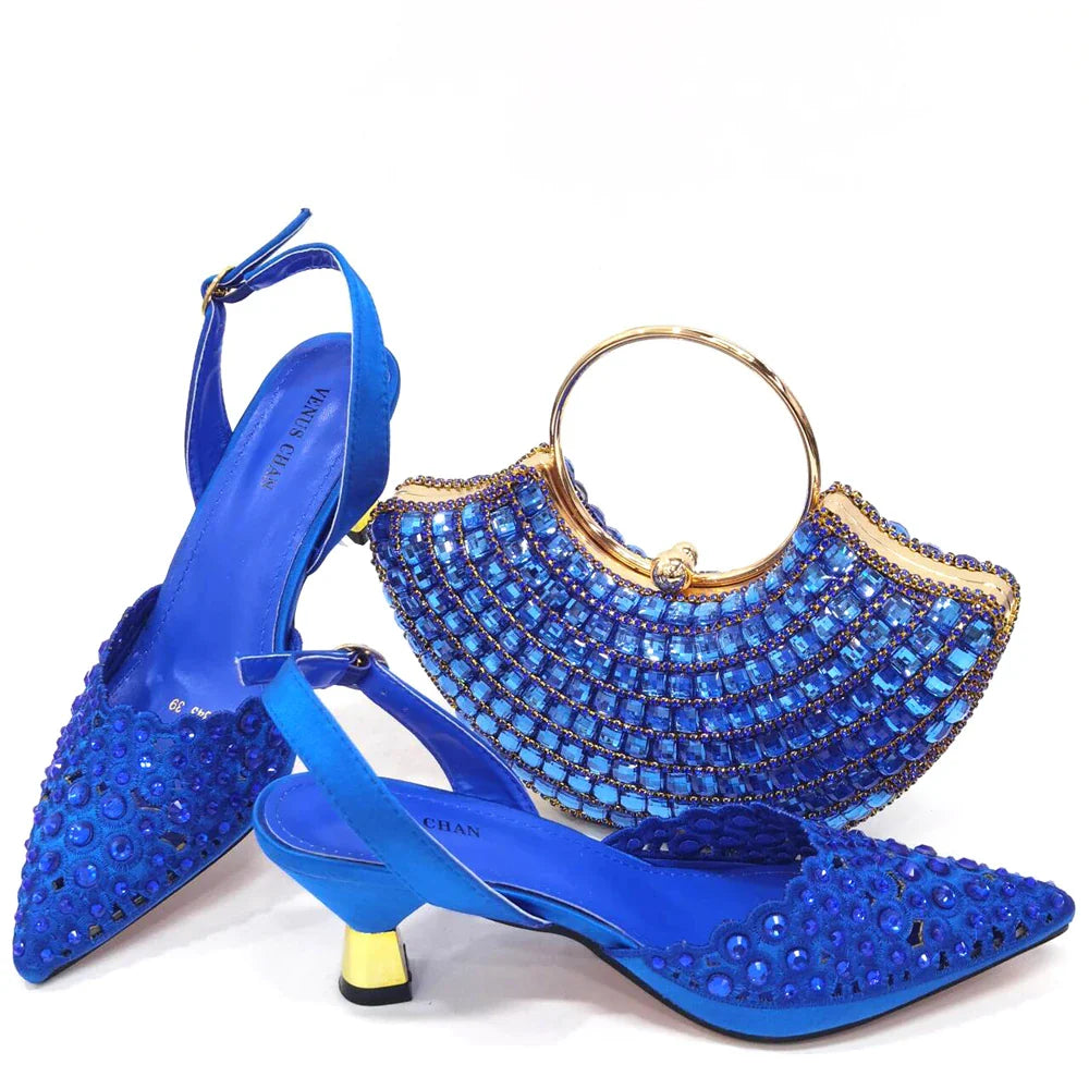 Latest High Heel Gold Color Atmospheric Luxury Pattern With Rhinestones Party Ladies Shoes And Bag Set