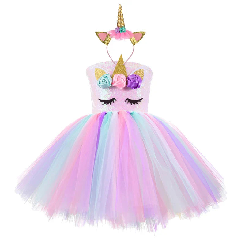 Vestidos de Unicórnio Princesa para Meninas, Trajes Tutu, Flores em Tons Pastel, Vestidos de Aniversário para Bebês, Tule, Fantasias Infantis para Halloween e Cosplay