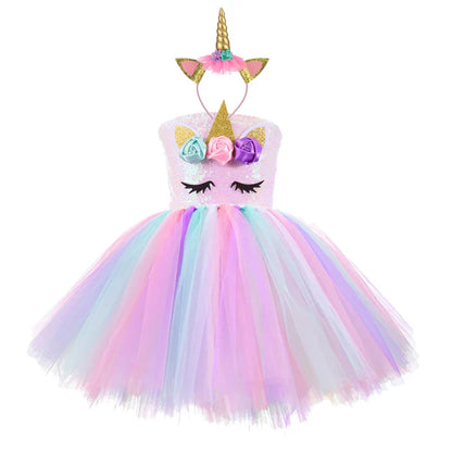 Vestidos de Unicórnio Princesa para Meninas, Trajes Tutu, Flores em Tons Pastel, Vestidos de Aniversário para Bebês, Tule, Fantasias Infantis para Halloween e Cosplay