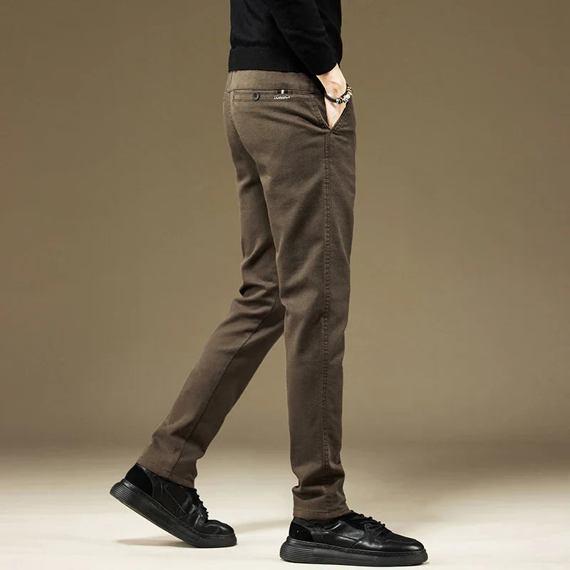 2024 Spring New Business Casual Pants Men Thick Slim Elastic Waist Trousers Classic Brown Black Grey High Quality Male Clothes