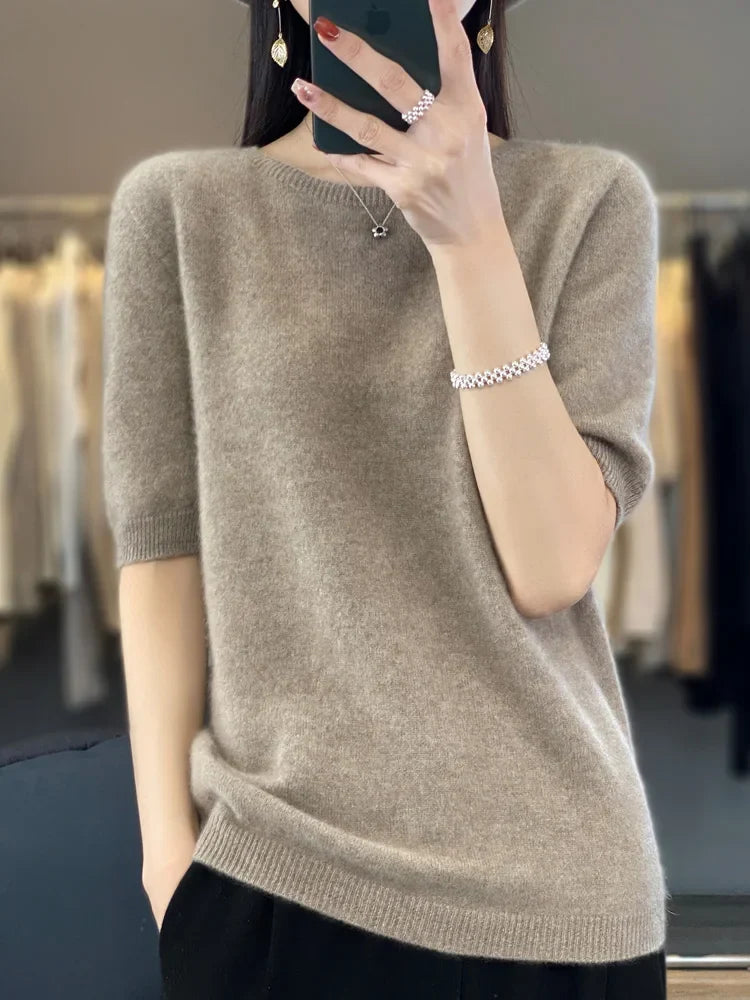 100% pure wool T-shirt spring and summer new women's O-neck pullover short sleeve loose five-sleeve sweater high-end top
