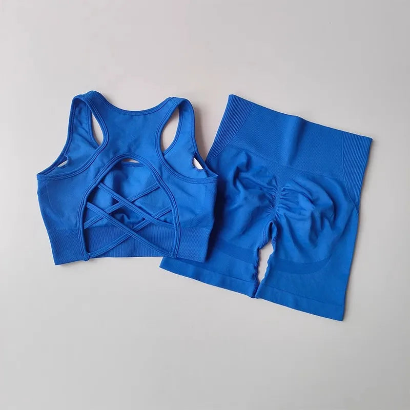 Women's yoga exercise set, paired with cross gathered back and high waisted hip lifting sports shorts