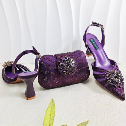 2026 Elegant Purple Color Women's Heels Shoes Bag Set Rhinestone Embellished Designer HAND CRAFTED UPPER Shoes for Special Event