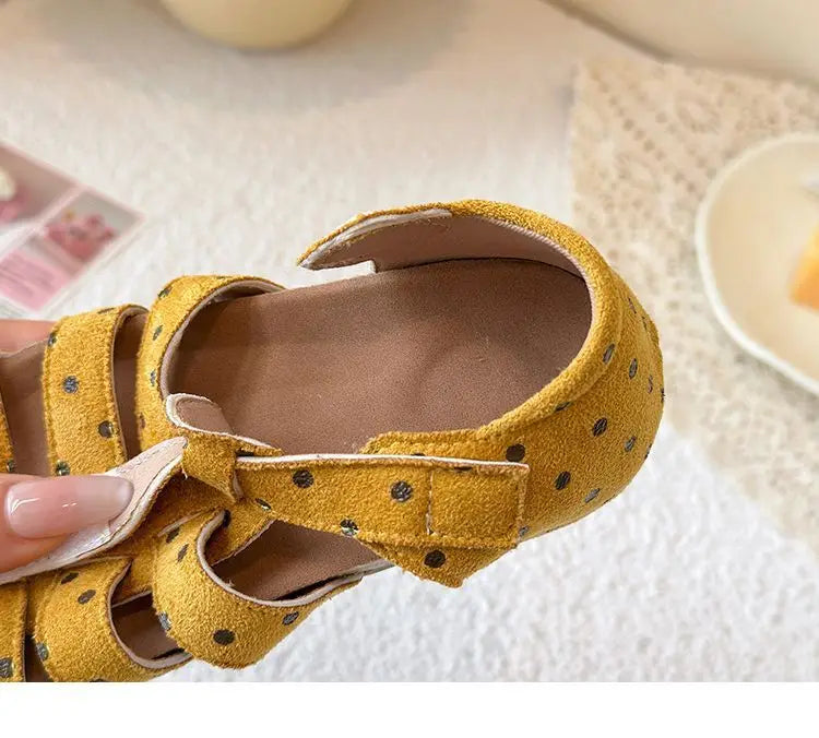 All Over Print Polka Dot Children Sandals for Girls Suede Leather Summer Students Holiday Shoes Girl Daily Shoes Cut-outs I05103