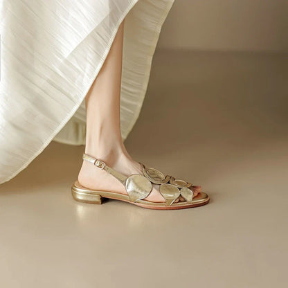 Women's New Round Head Spring/Summer Genuine Leather Sheepskin Spliced Low Heel Large Size Elastic Open Toe Sandals