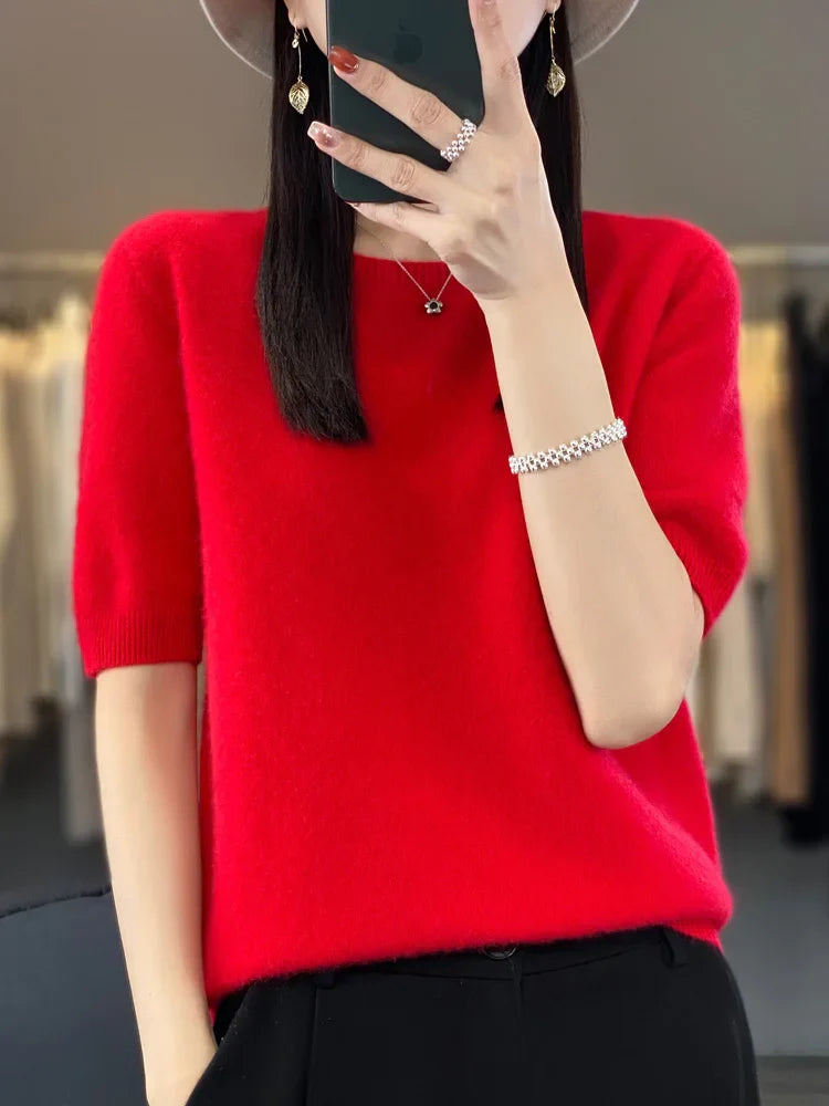 100% pure wool T-shirt spring and summer new women's O-neck pullover short sleeve loose five-sleeve sweater high-end top