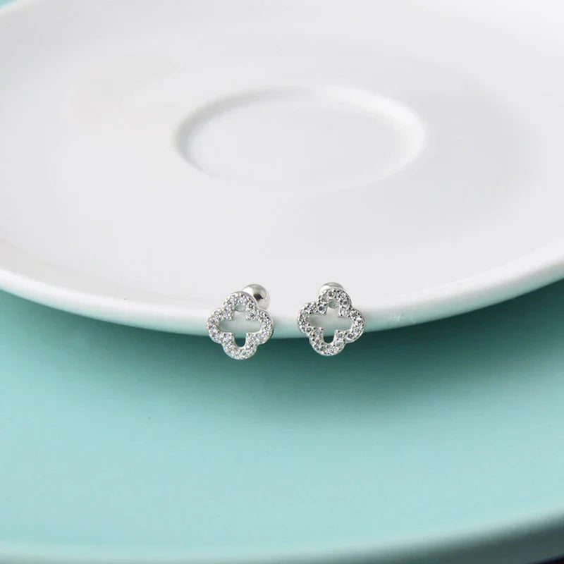 925 Sterling Silver Romantic Full Zircon Flower Screw Bead Stud Earrings for Women Fashion Sweet Party Piercing Jewelry