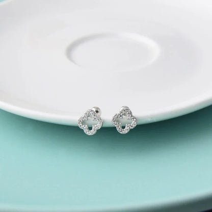 925 Sterling Silver Romantic Full Zircon Flower Screw Bead Stud Earrings for Women Fashion Sweet Party Piercing Jewelry