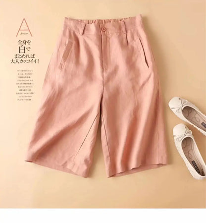 Linen Women's Summer Shorts Casual Elastic Waist White Shorts Solid Basic Loose Wide Leg Cotton Linen Women High Waist Short