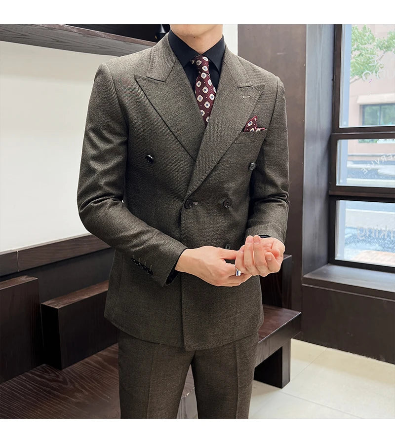Men Vintage Luxury Double Breasted Slim Fit Lapel Evening Gown ltalian Style Fashion High-end Groom Wedding Party Tuxedo 2 Piece